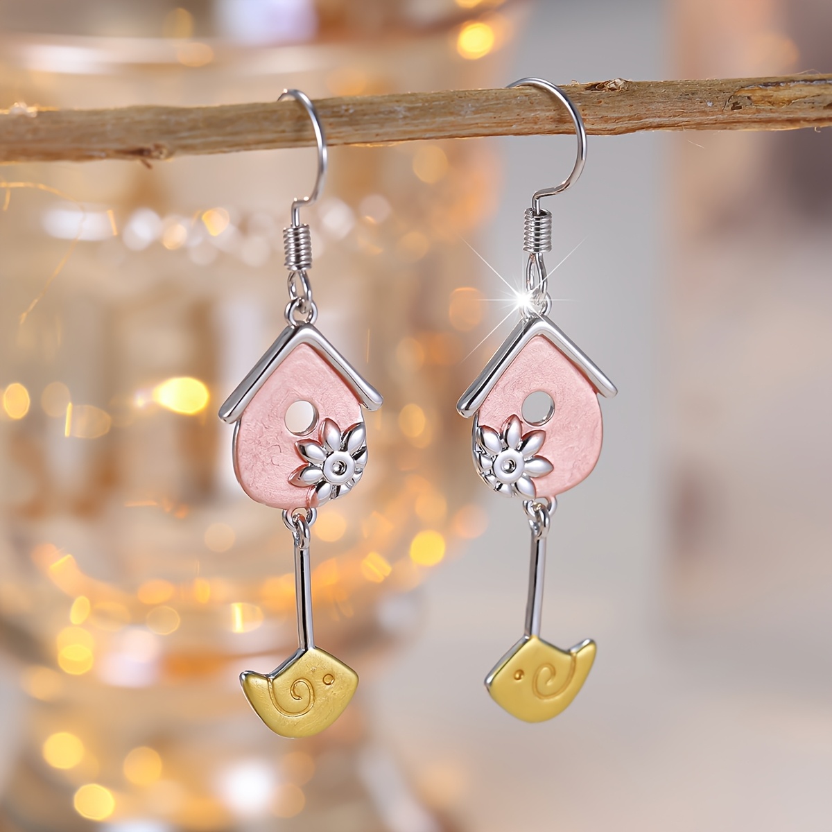 Women's Dual-Tone Copper Birdhouse Earrings, Unique Animal Design